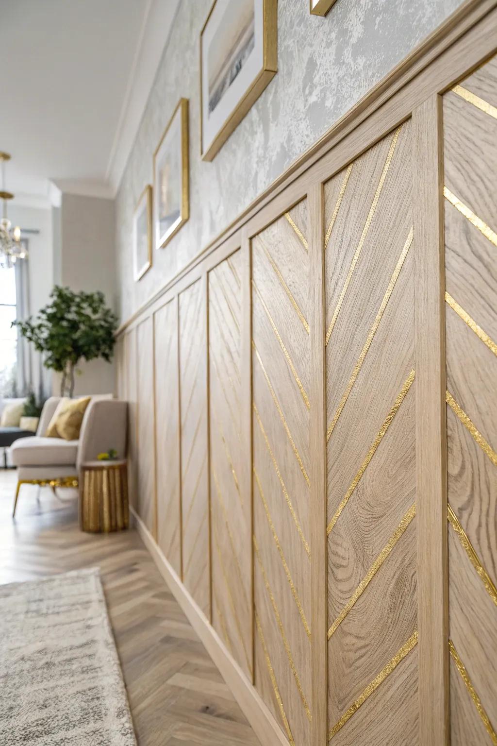 Elevate your space with the subtle allure of metallic accents on wood walls, where simplicity meets elegance.