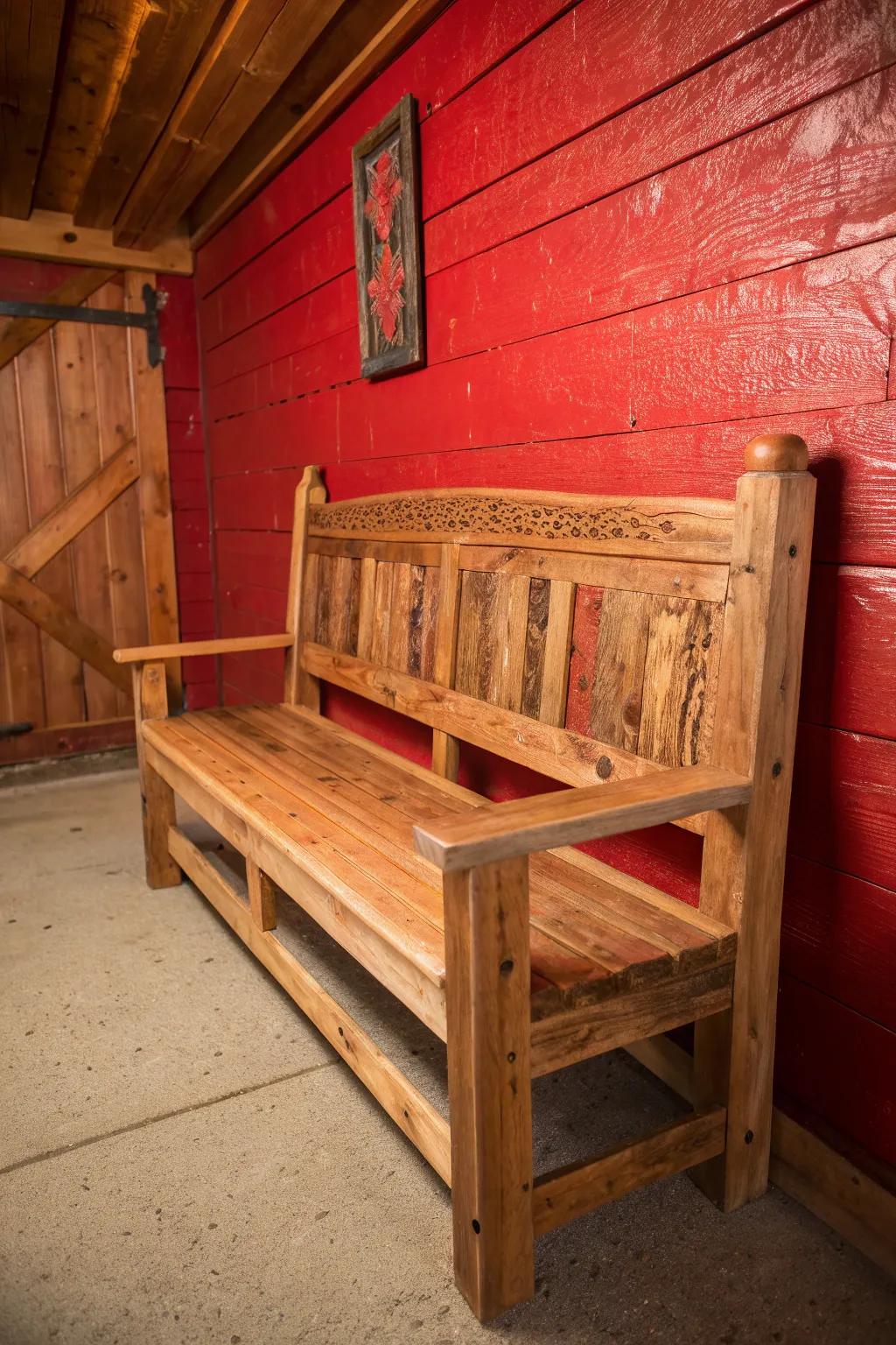 Embrace warmth and craftsmanship with rustic red and natural wood.
