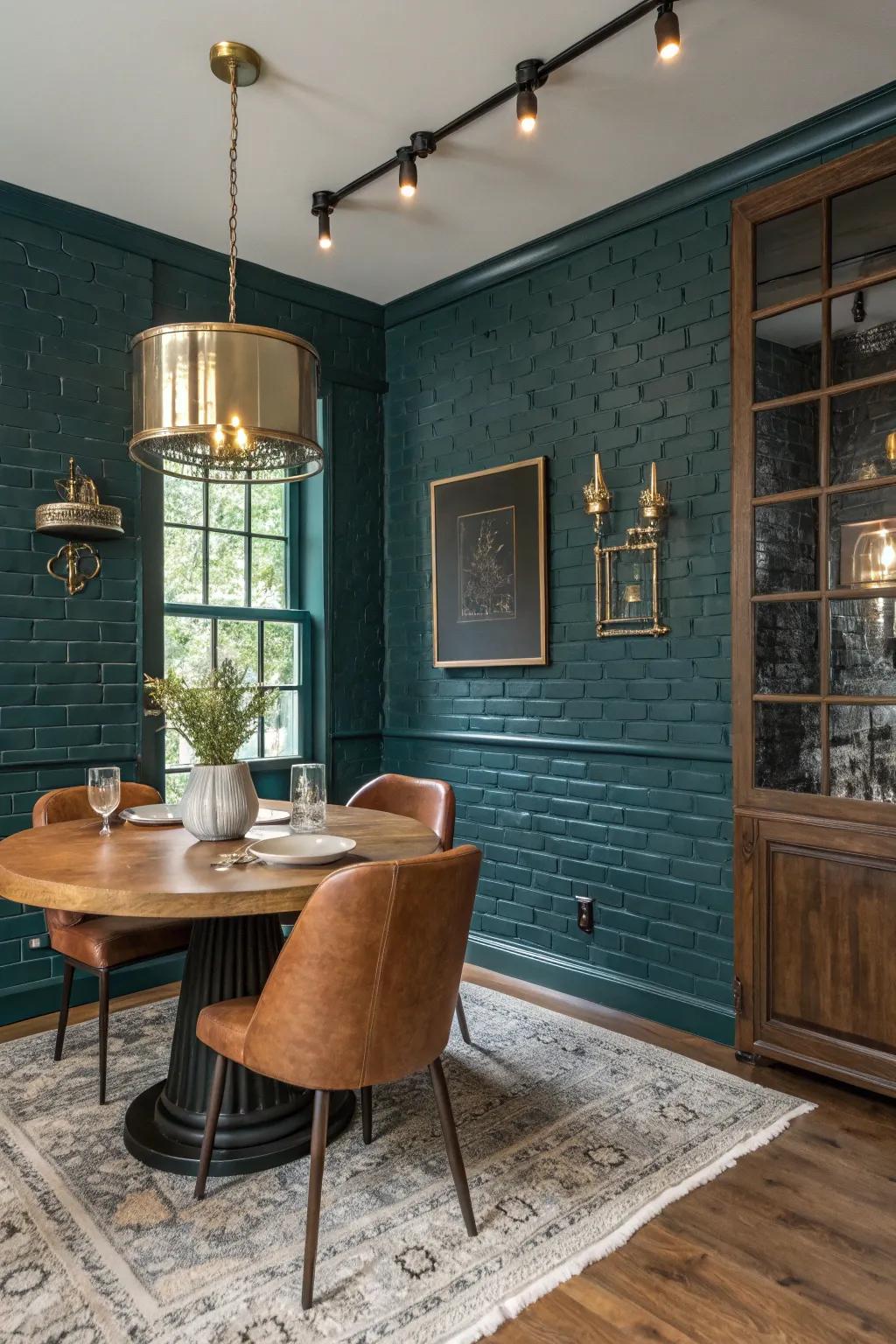 Dark teal painted brick walls adding a luxurious feel to the dining room.