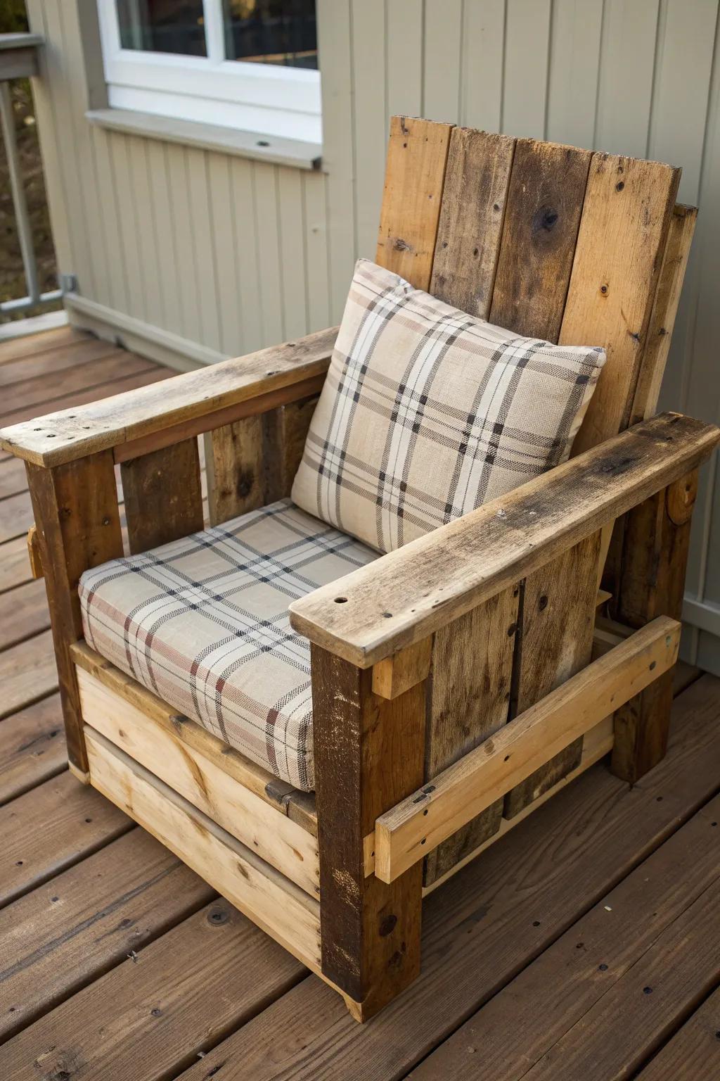 Embrace the charm of rustic craftsmanship with this inviting pallet chair, where comfort meets style.