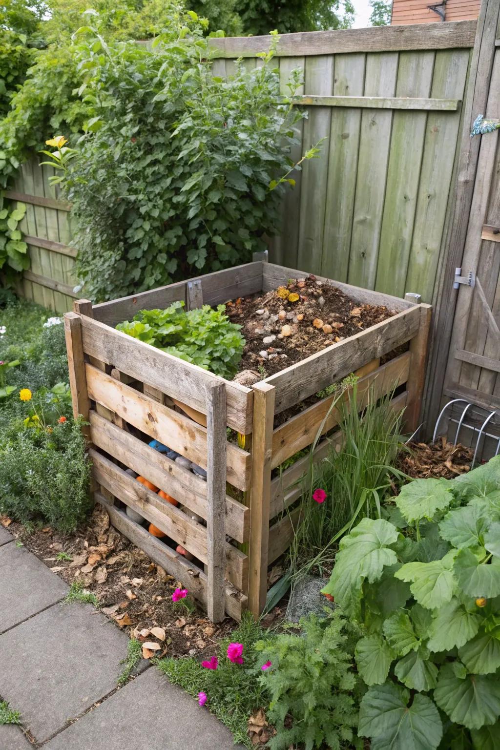 Sustainable gardening with a pallet compost bin.