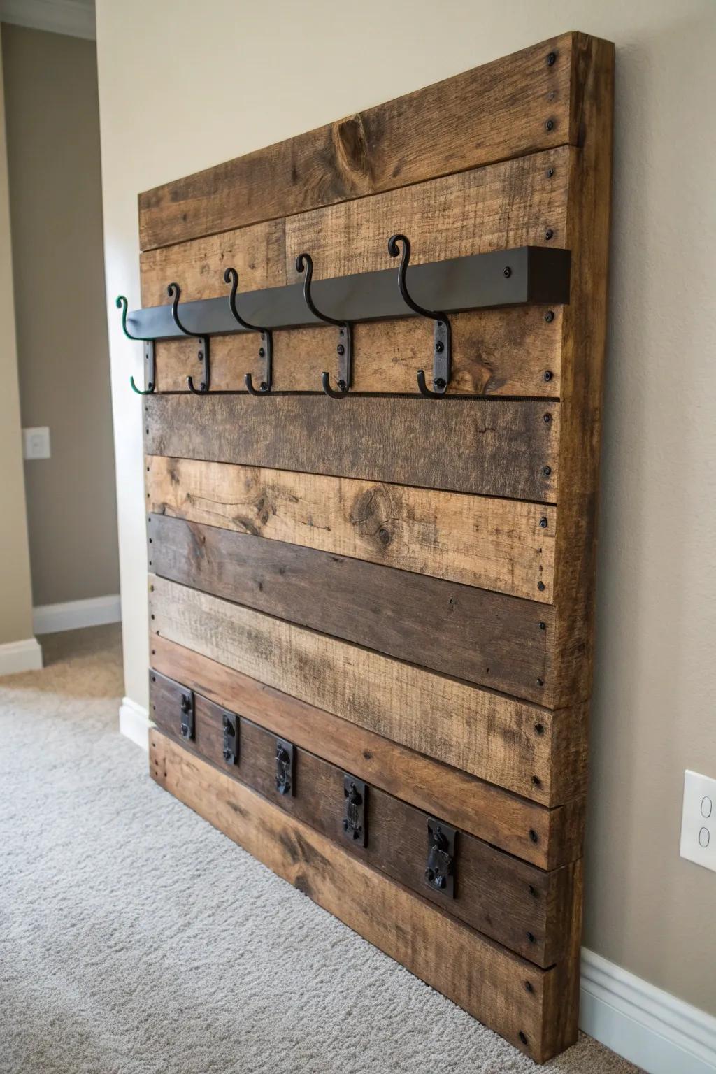 Elevate your entryway with a handcrafted pallet coat rack, where functionality meets rustic charm.