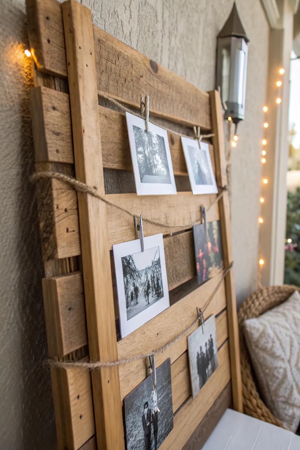 Showcase your memories with rustic elegance: A pallet wood photo display that captures the essence of craftsmanship.