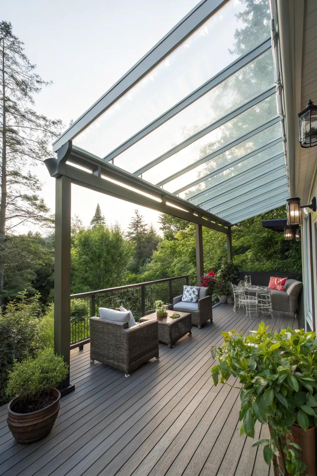 A modern deck with a glass canopy, providing UV protection and a connection to nature.