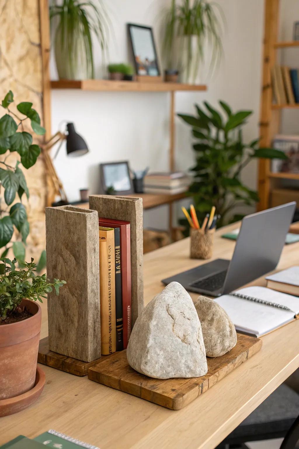 Stone accents bring an earthy touch to your office space.