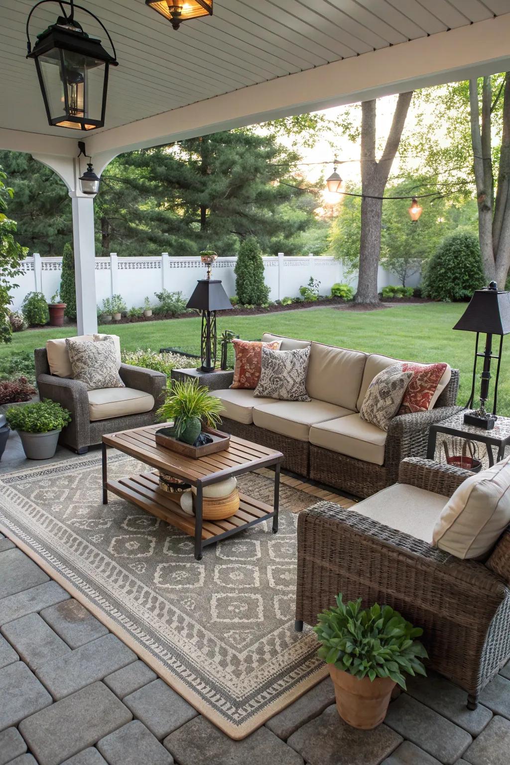 An outdoor living room offers comfort and style outside.