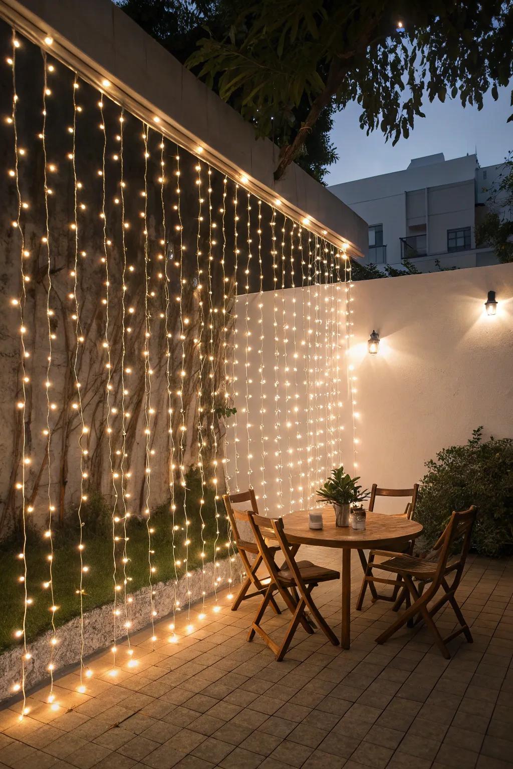 String lights creating a vertical wall of light.