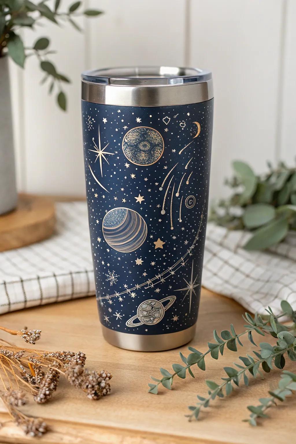 Embark on a cosmic adventure with this stunning peek a boo tumbler, where planets and stars meet minimalist elegance.