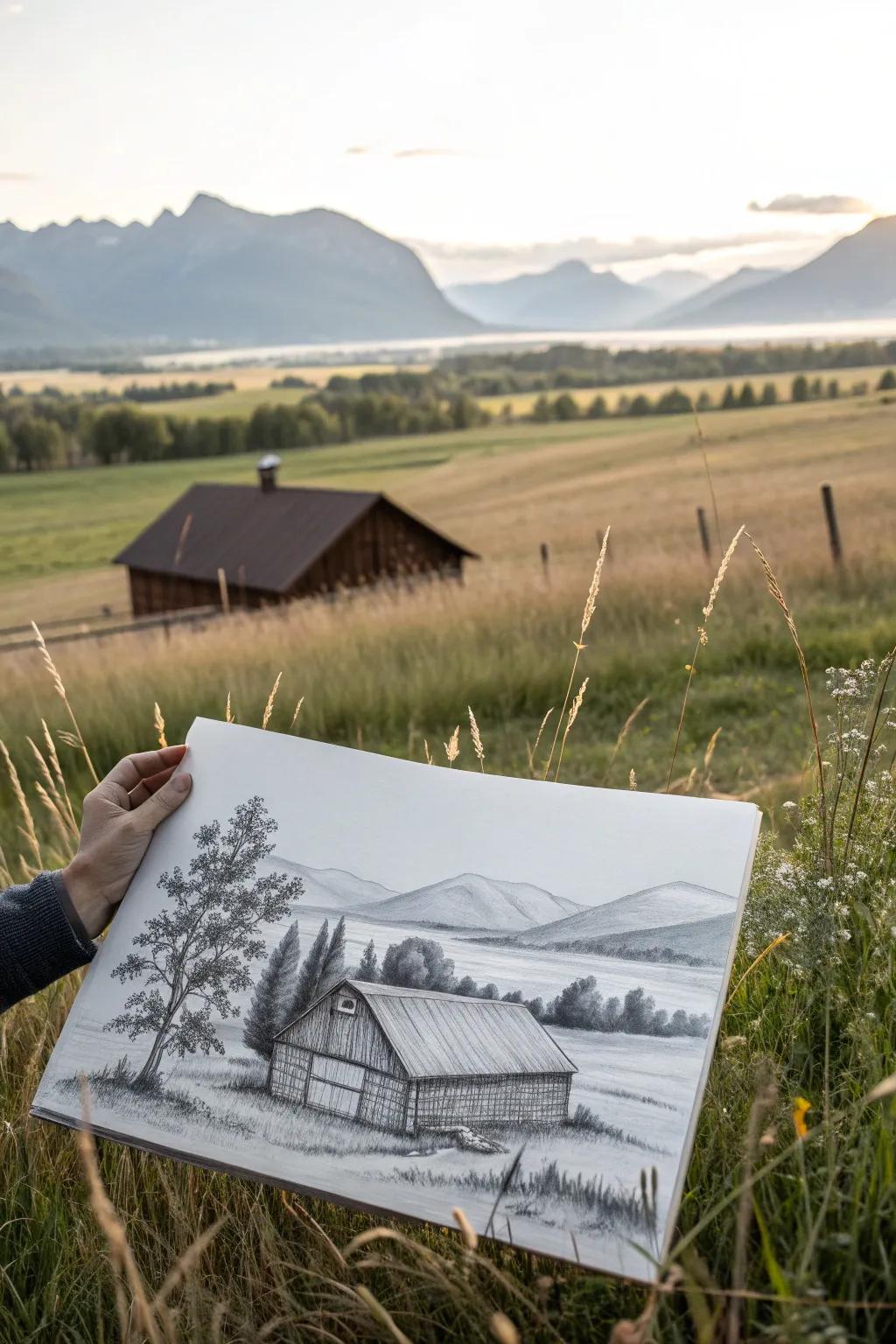 Embrace the serene charm of countryside simplicity with this pencil-drawn masterpiece.