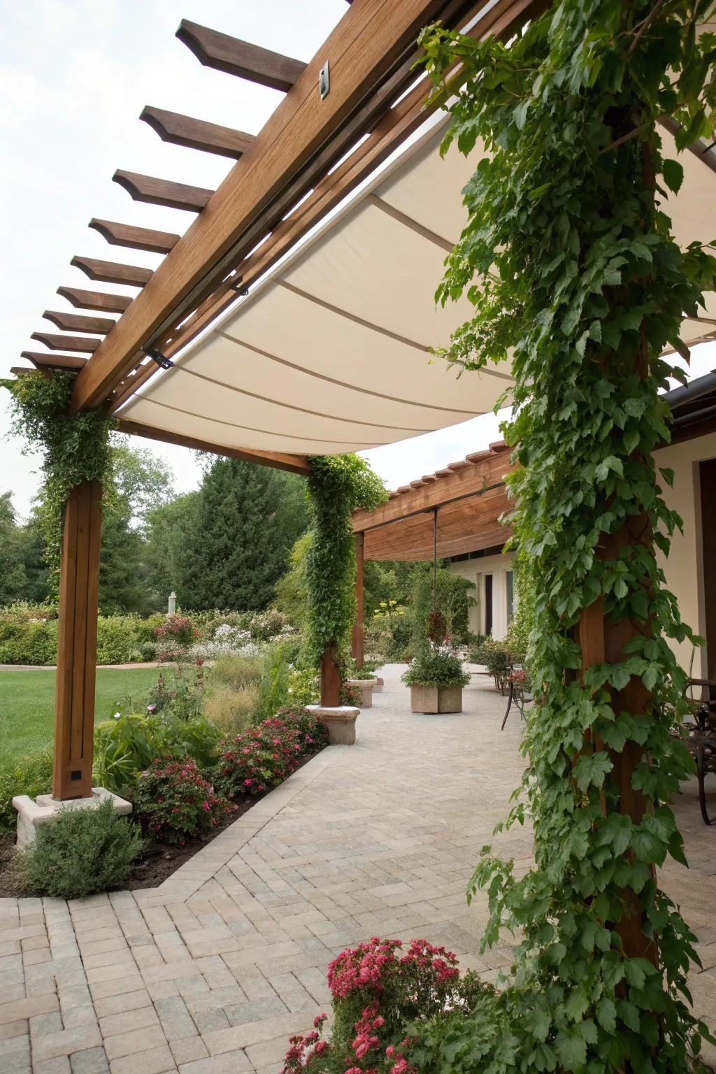 Retractable sunshades offer flexible shade and privacy.