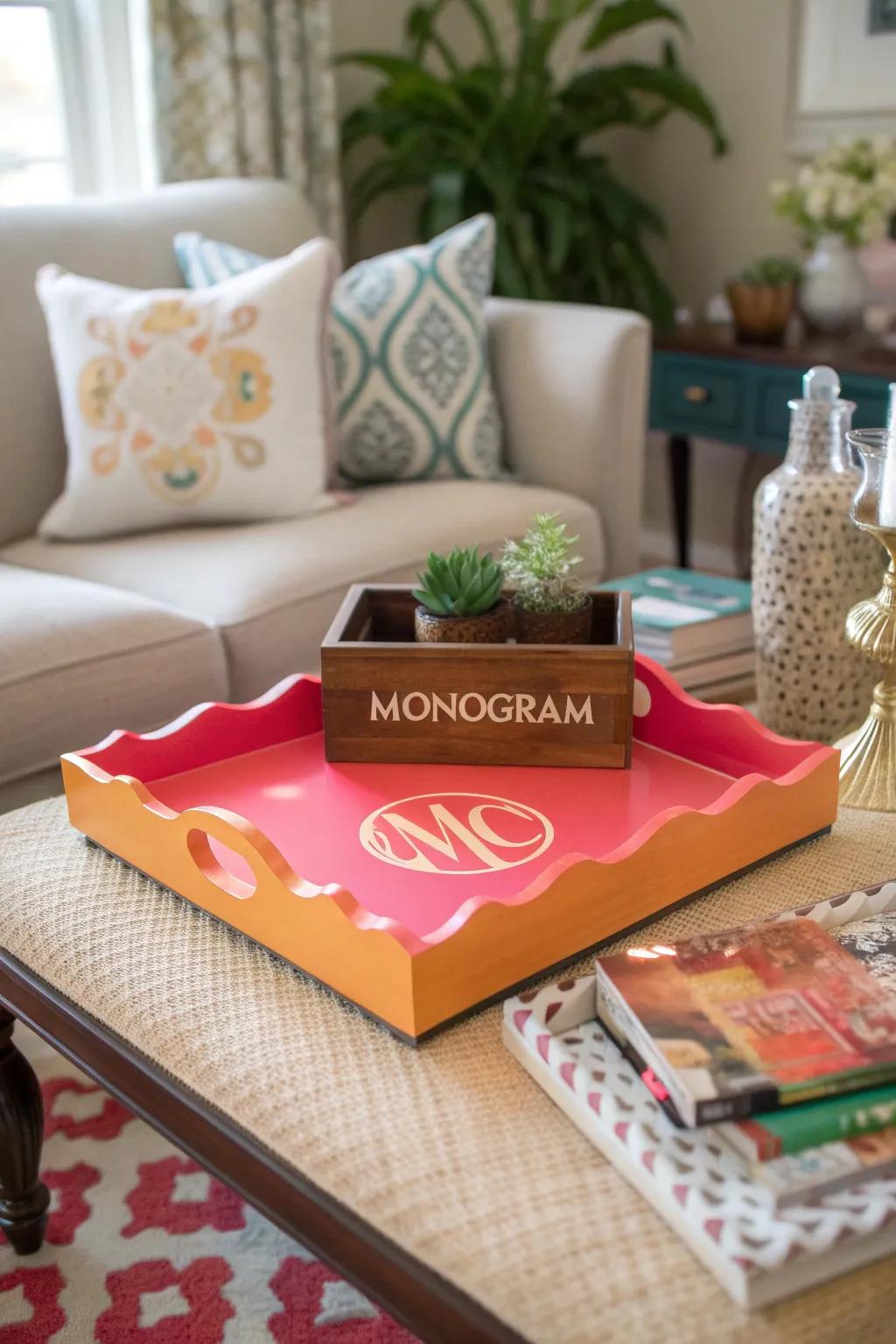 A scalloped lacquer tray adds a pop of color and personal flair to her space.