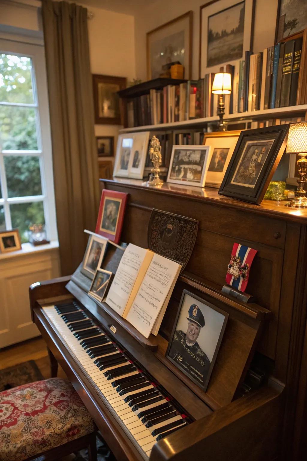 Personal memorabilia adds warmth to the piano area.