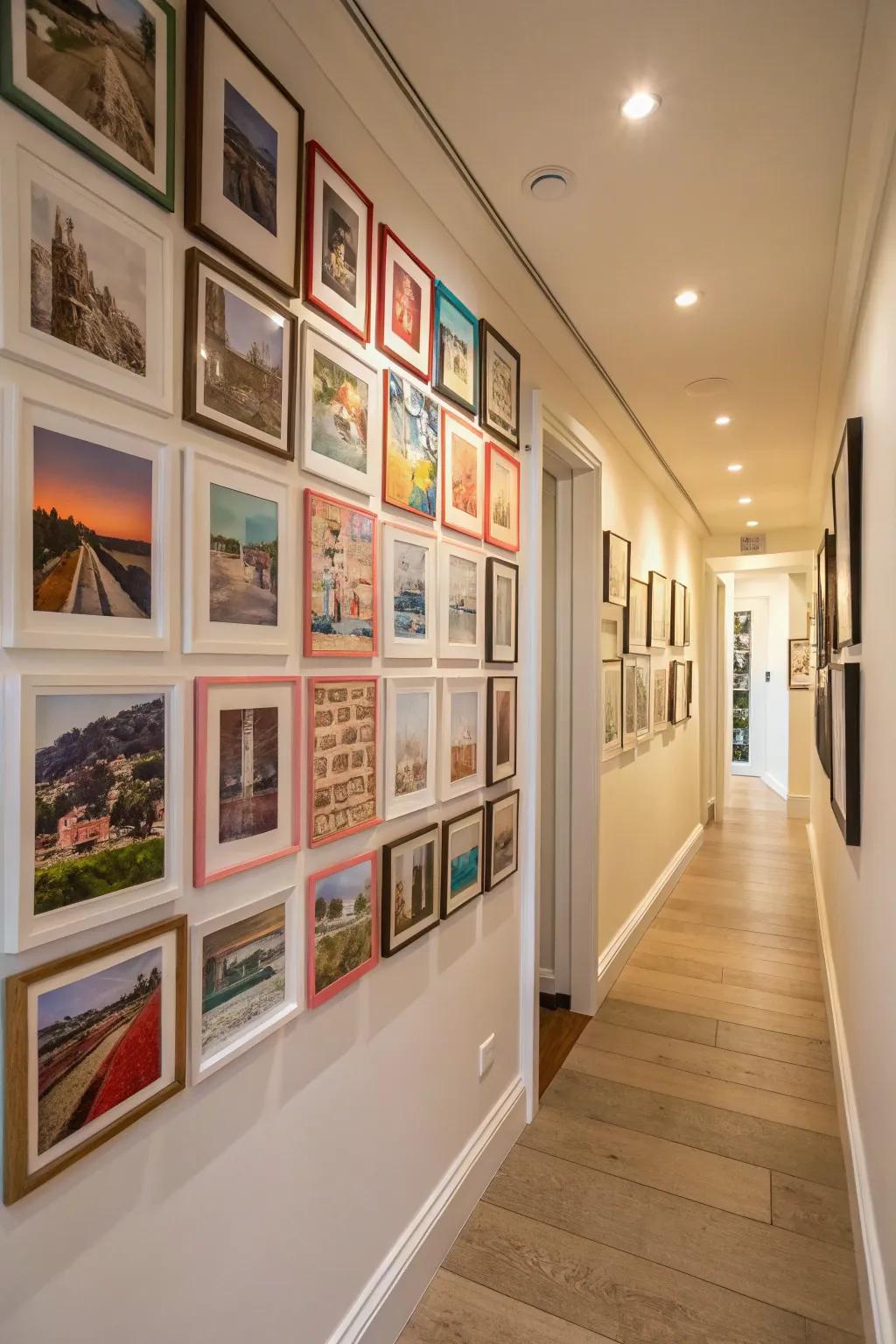 A hallway gallery wall showcasing framed Instagram photos.