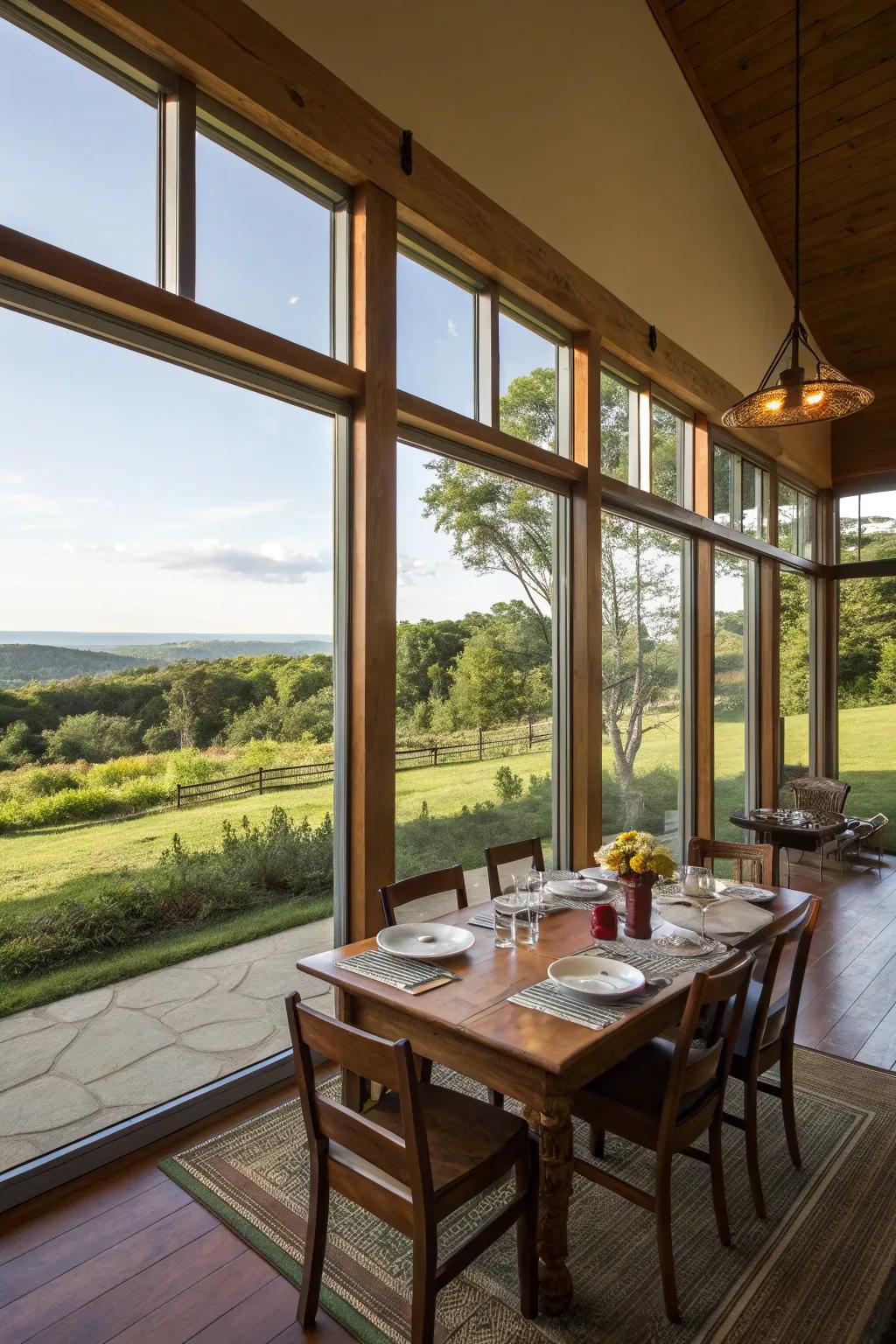 Dining room where picture windows blend seamlessly with the landscape.