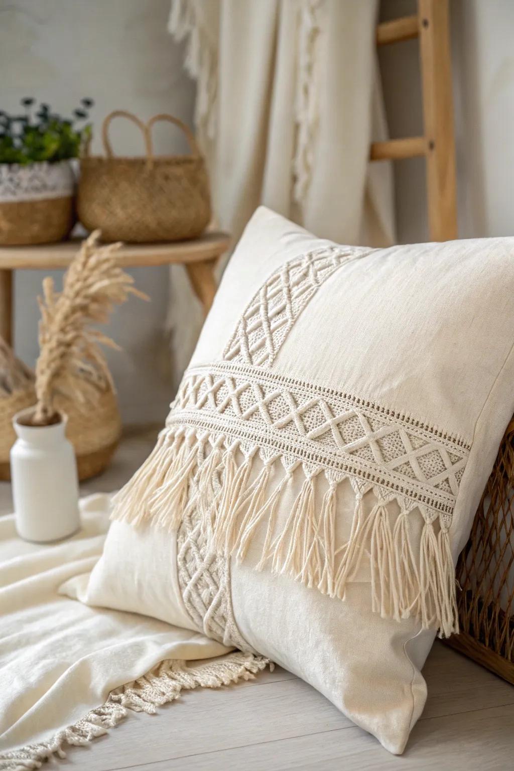 Embrace bohemian elegance with handcrafted fringe details for a serene and stylish space.