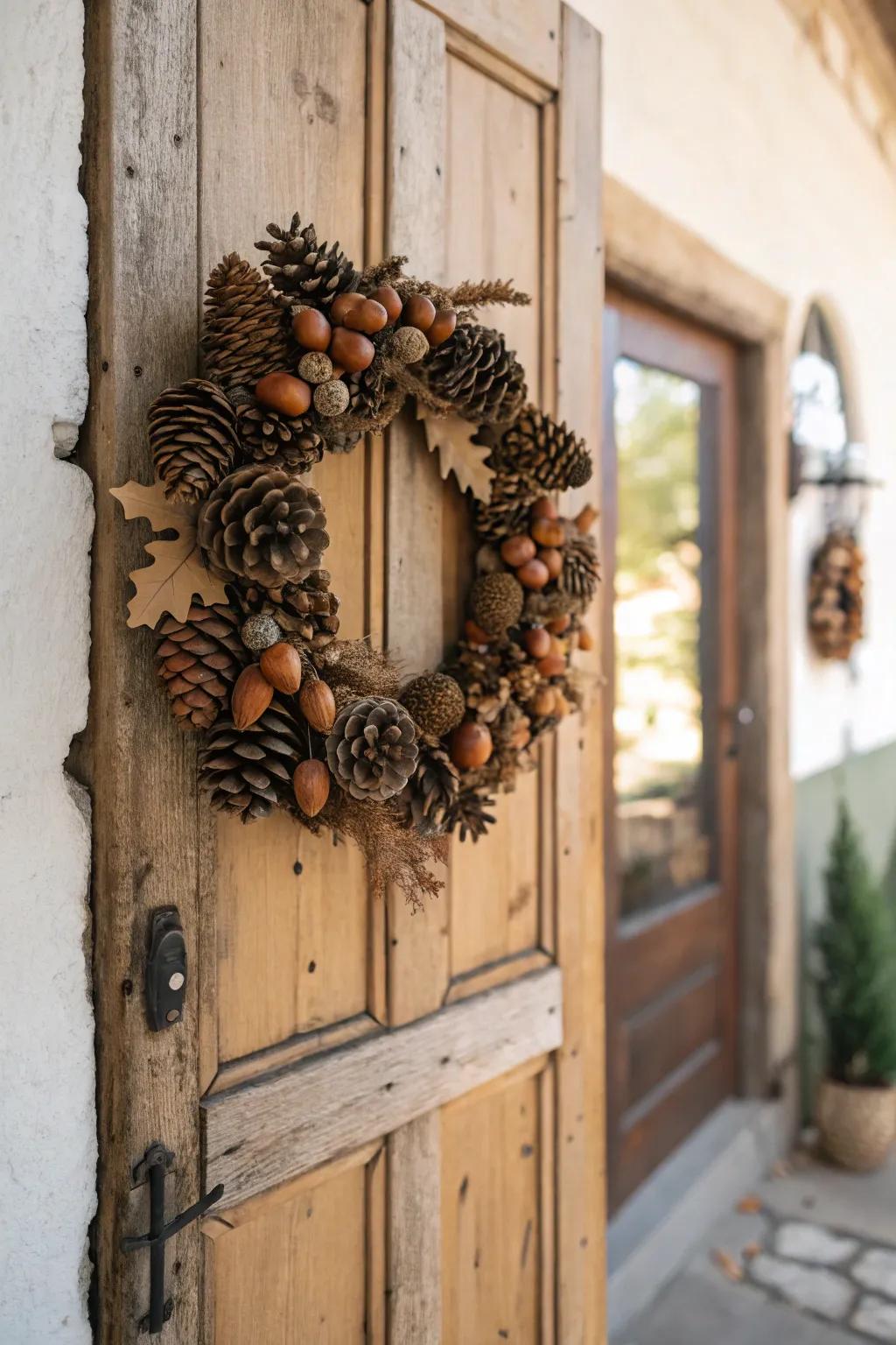 Craft a natural fall wreath with pine cones and acorns.