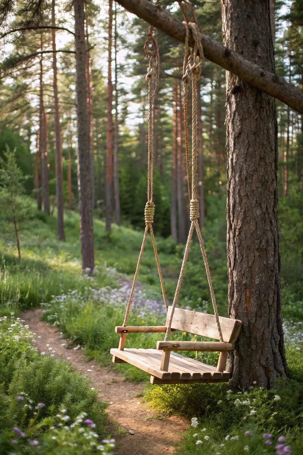 A garden swing brings playful nostalgia to the pine forest.