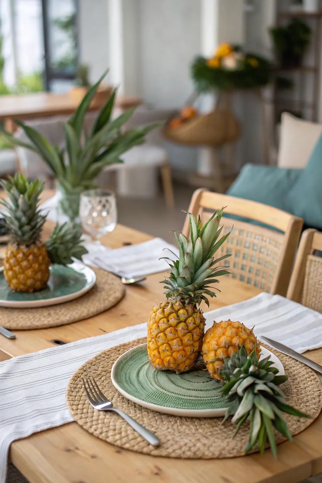 Mini pineapple table accents add a playful and tropical touch.