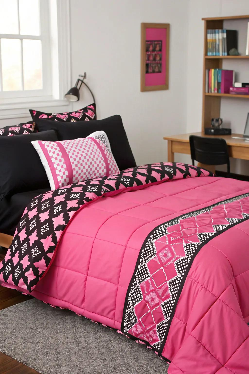 Cohesive pink and black bedding ensemble for a stylish look.