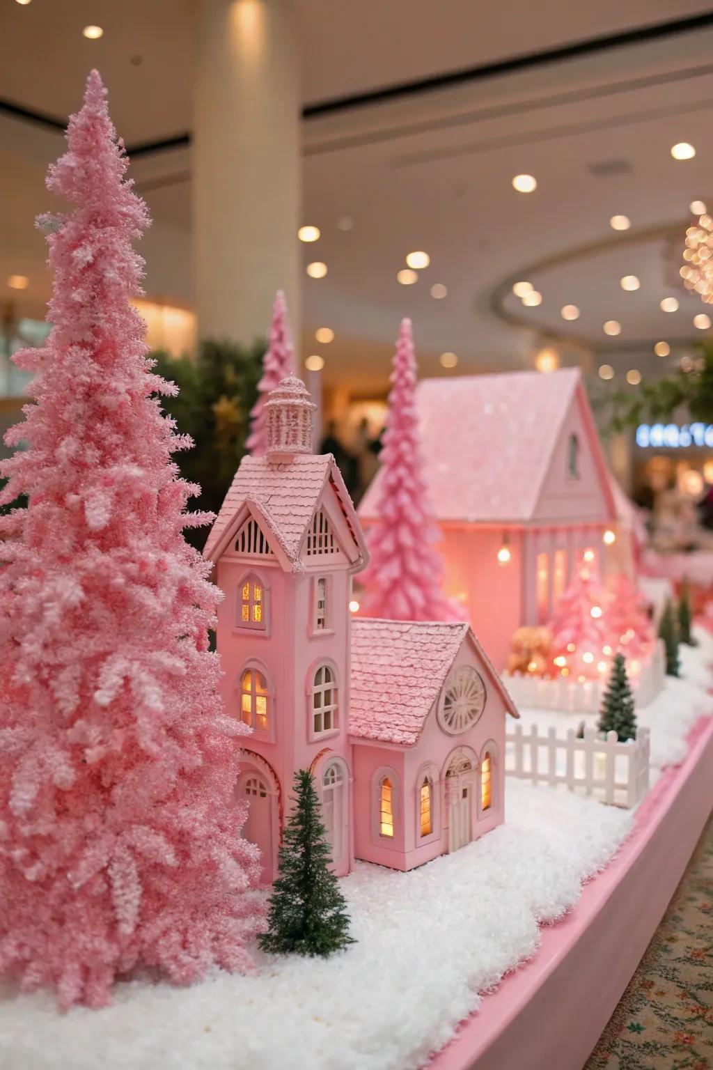 A pink Christmas village creates a whimsical holiday scene.