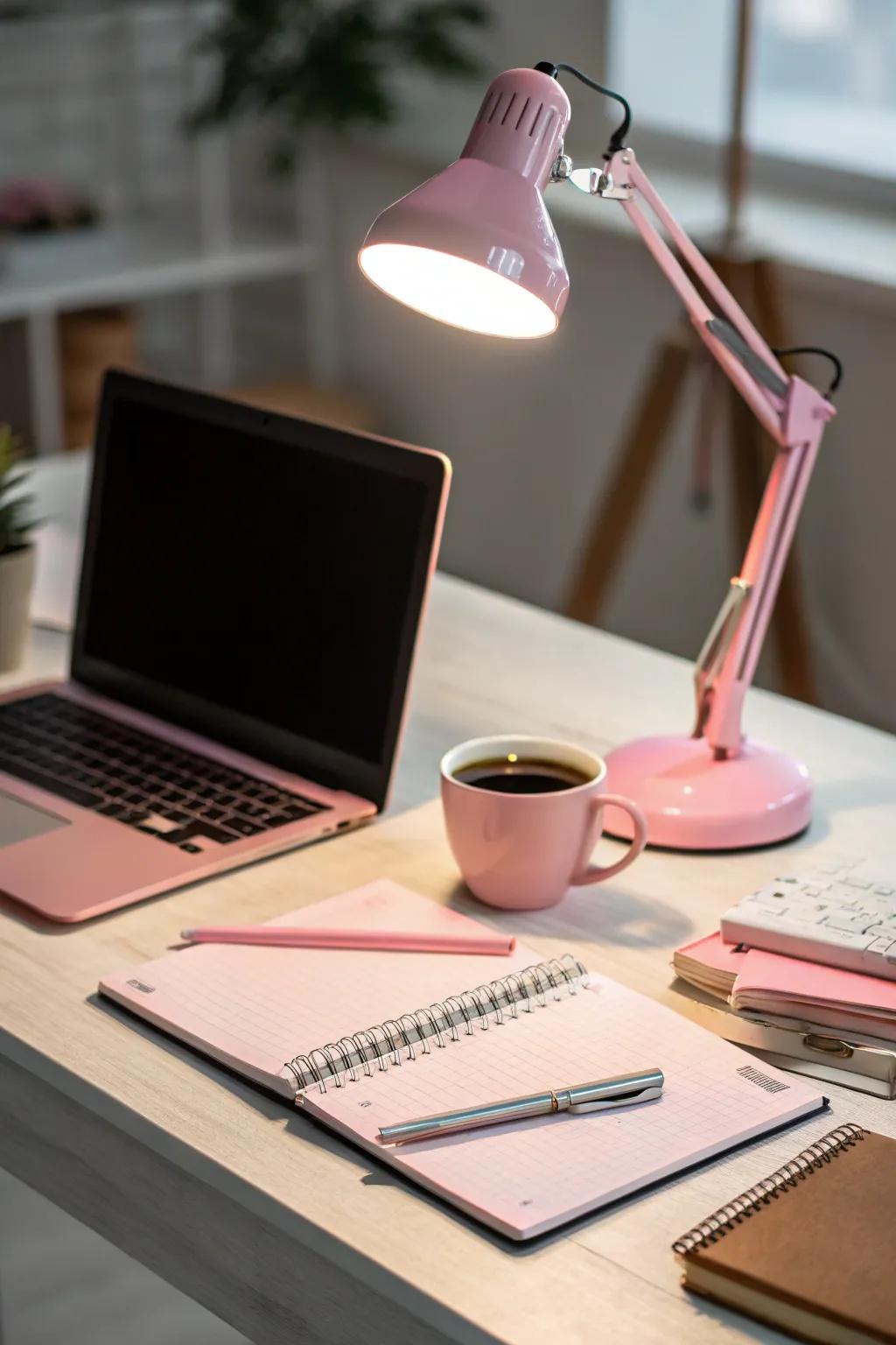 A pink desk lamp offers light and style in equal measure.