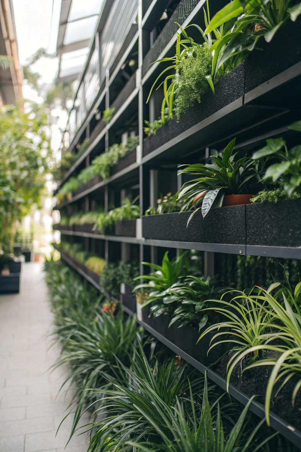 Maximize vertical space with stacked shelves and tall plants.