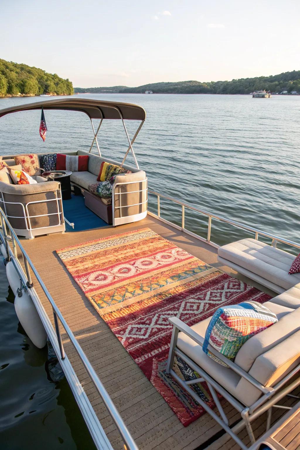 Deck rugs enhance comfort and style on the pontoon's deck.