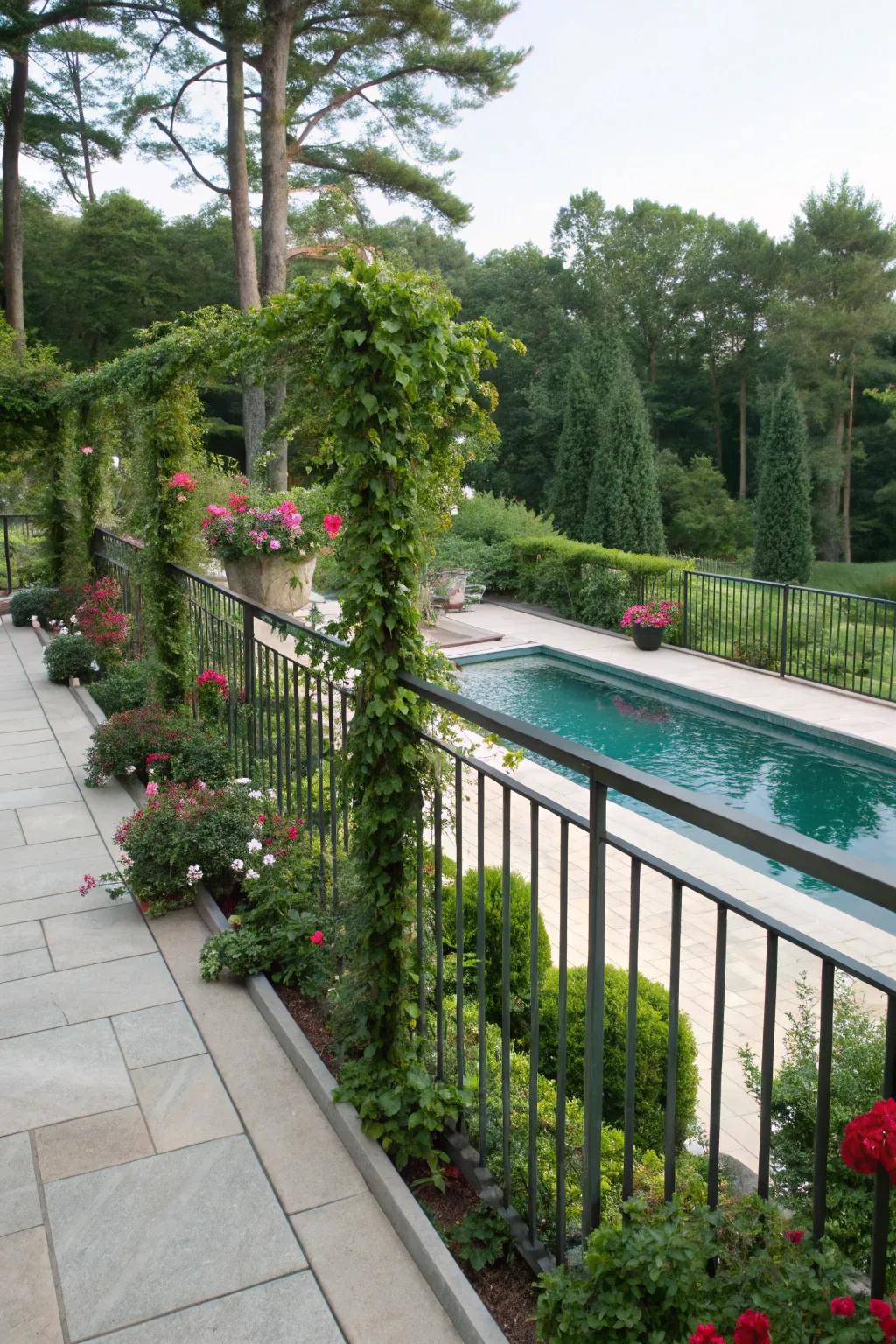 Greenery-integrated railings blend architecture with nature.