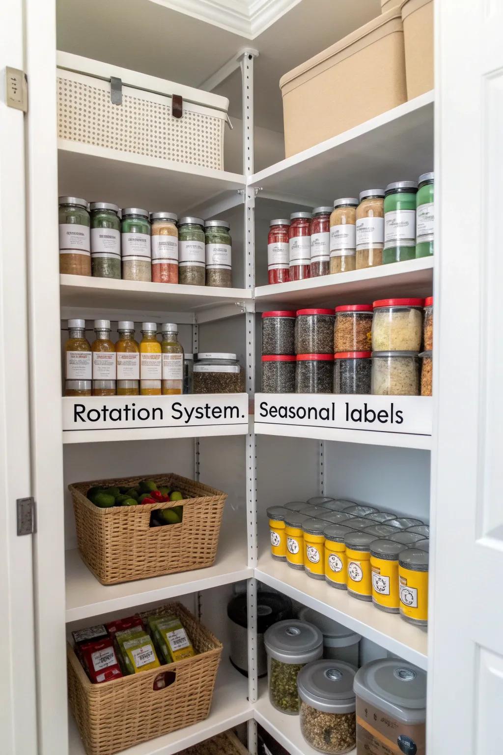 A rotation system keeps your pantry fresh and organized.