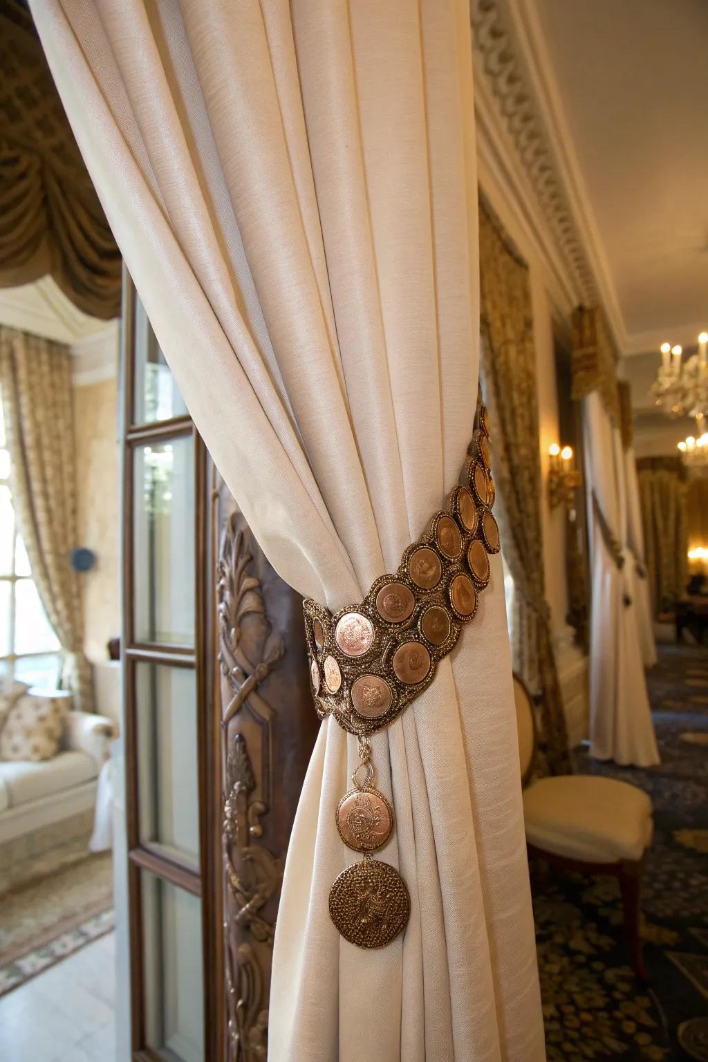 Penny tiebacks add a subtle and charming detail to your curtains.