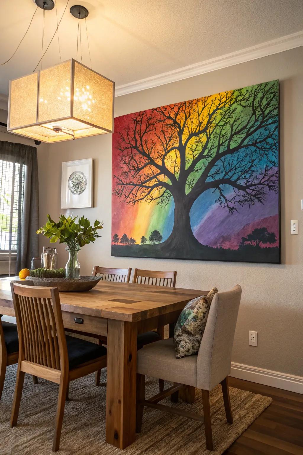 A tree silhouette with rainbow foliage adding boldness to a dining room.