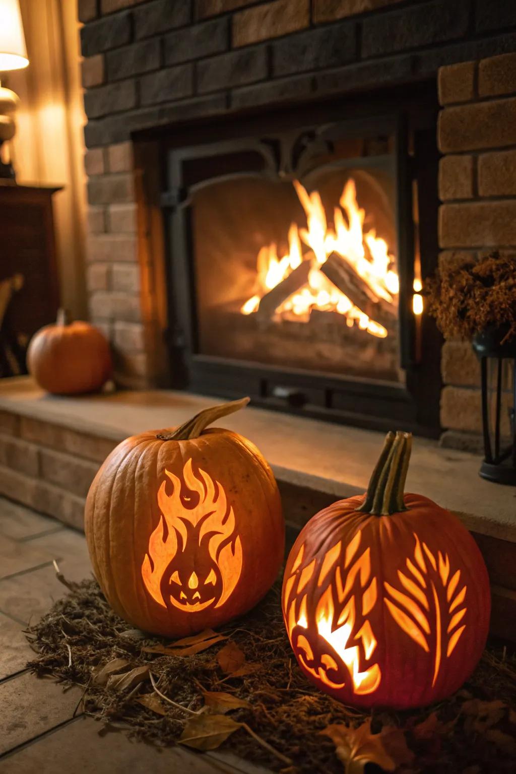 Flame pumpkins create a dramatic and warm ambiance.