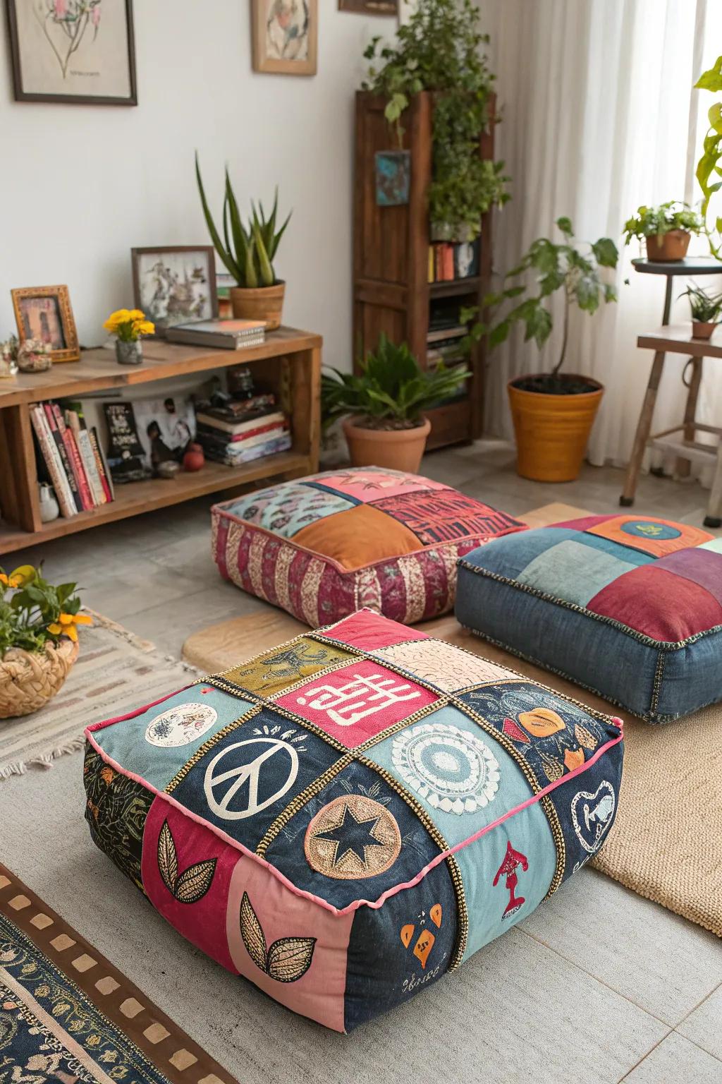 Add style to your seating with patch-decorated floor cushions.