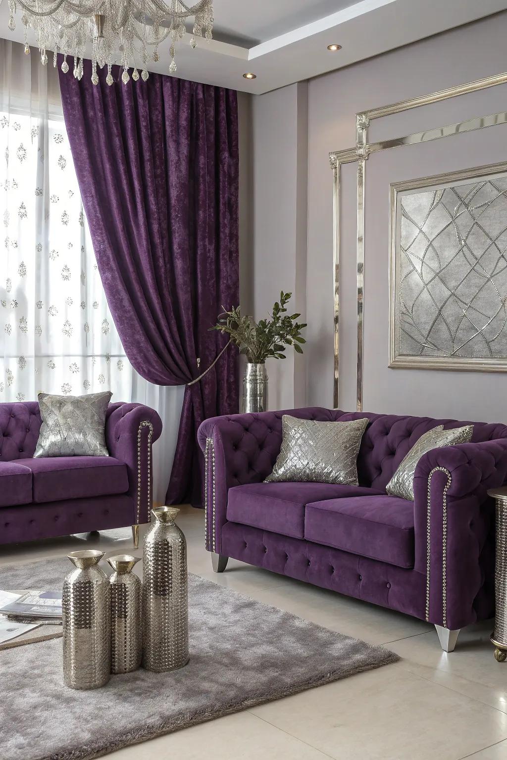 Contrasting purple with metallics adds glamour.