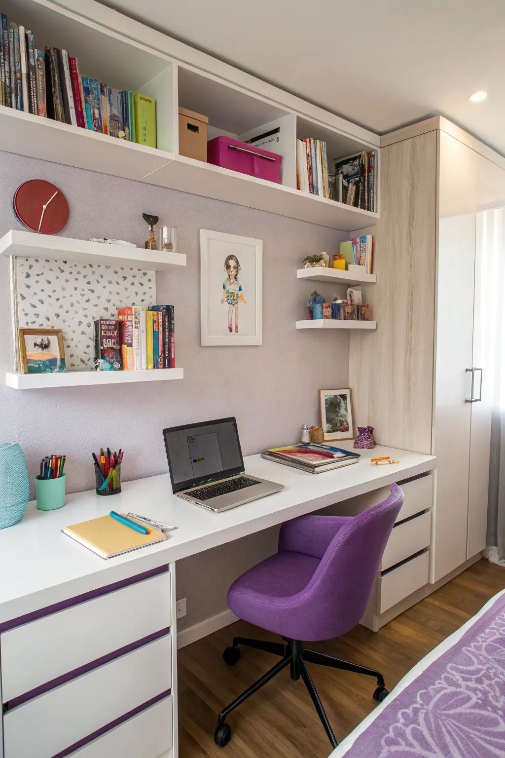 Purple desk accessories enhance the workspace.