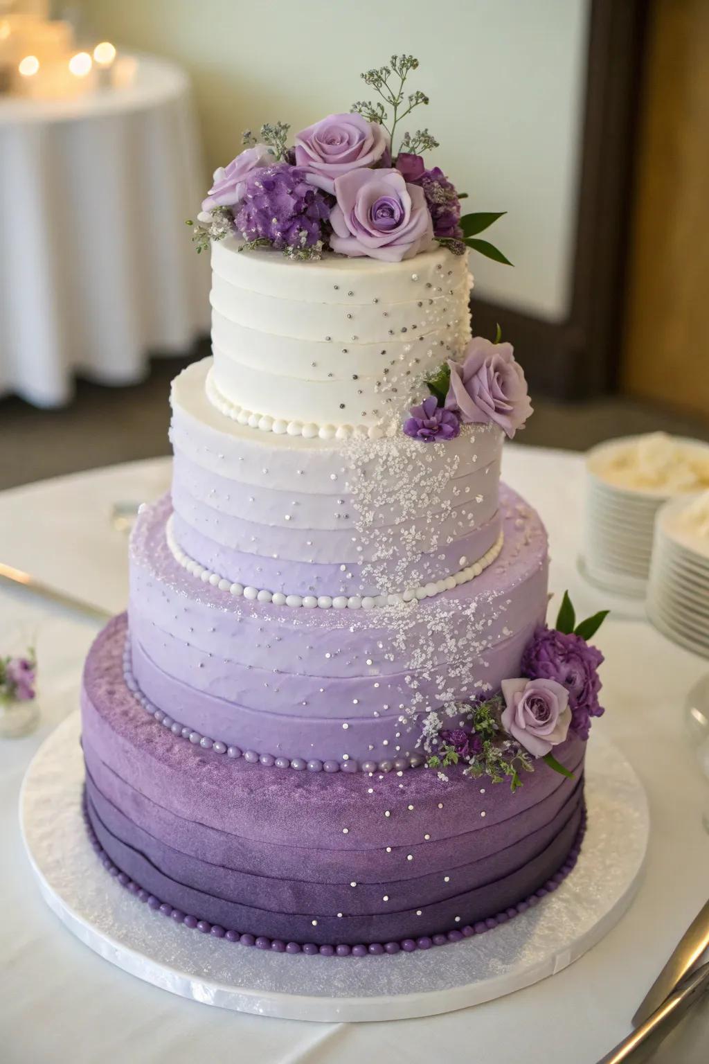 A visually striking purple ombre wedding cake.