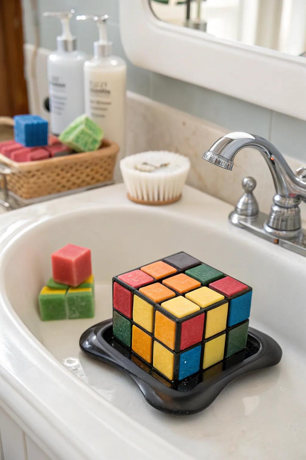 A puzzle cube soap holder adds a playful touch to this bathroom.