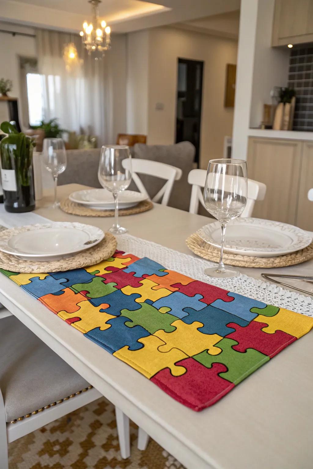 Enhance your dining experience with a puzzle piece table runner.