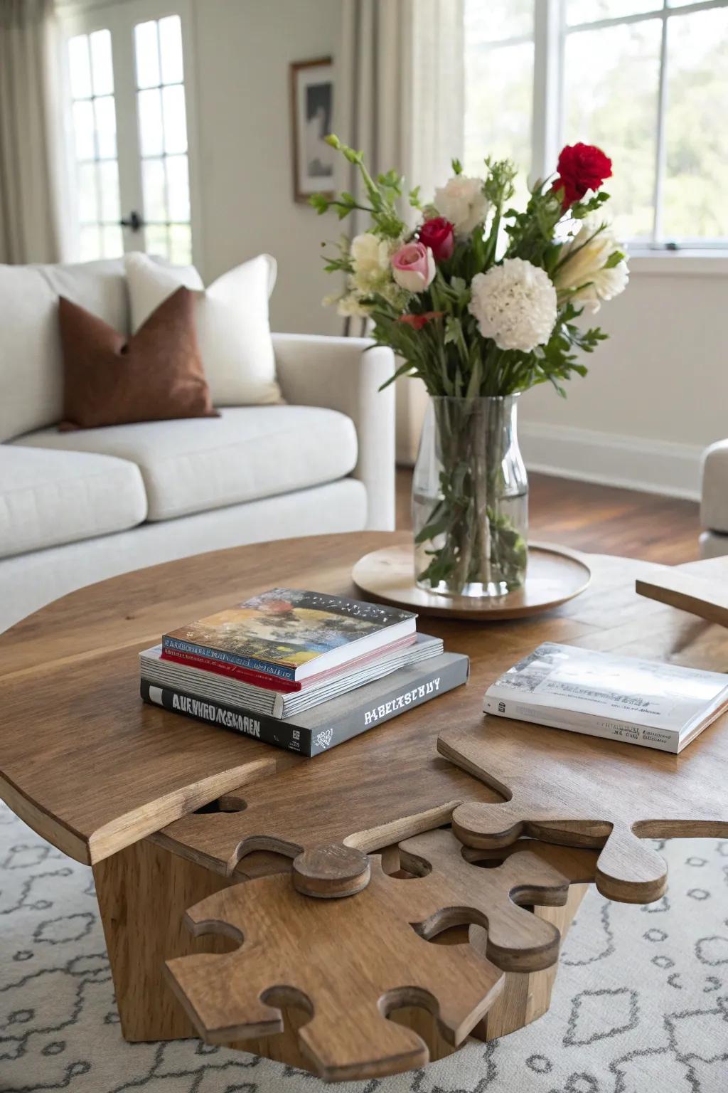 Handcrafted puzzle piece tables are unique conversation pieces.