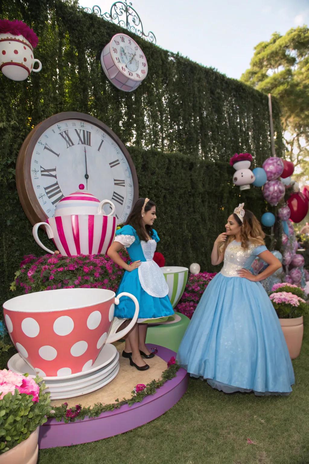 A whimsical Alice in Wonderland-themed quinceanera with quirky decor.