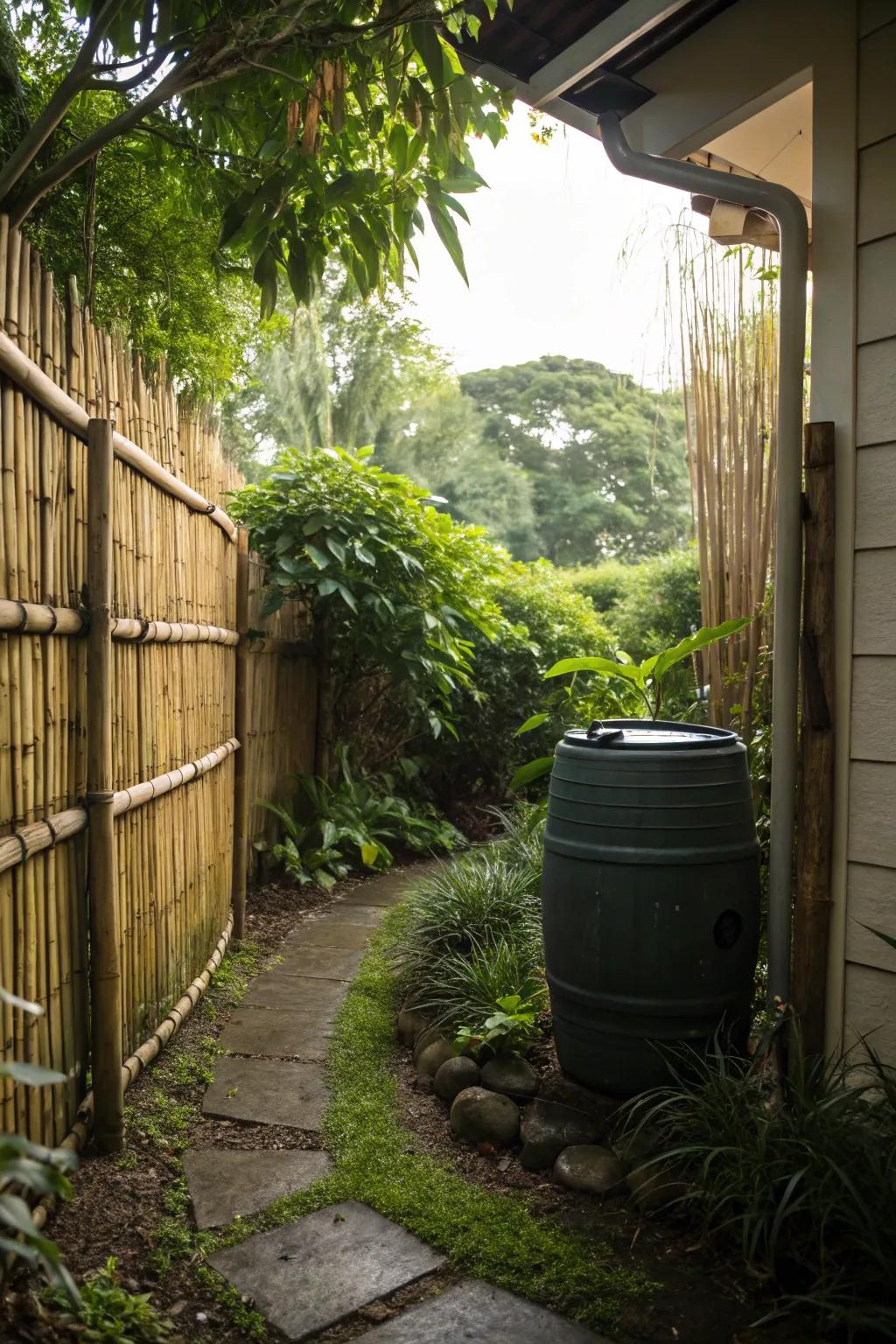 Bamboo fencing offers a natural and exotic way to hide your rain barrel.