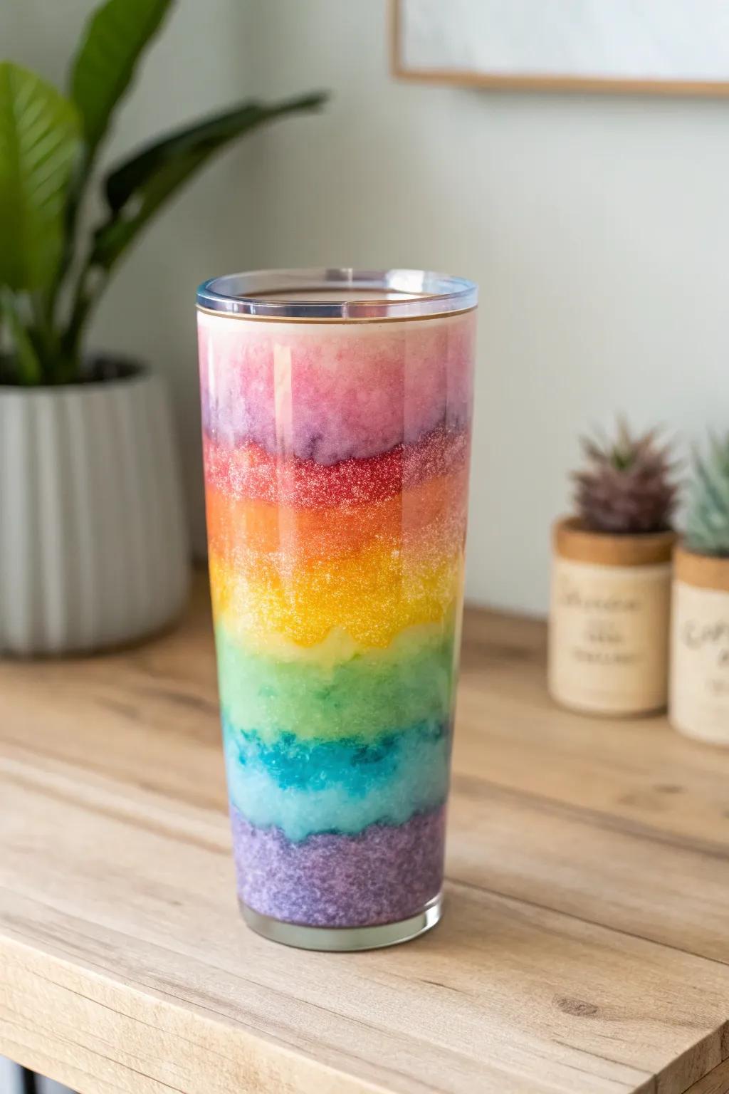 Dive into a rainbow of colors with this stunning layered resin tumbler, where simplicity meets vibrant elegance.