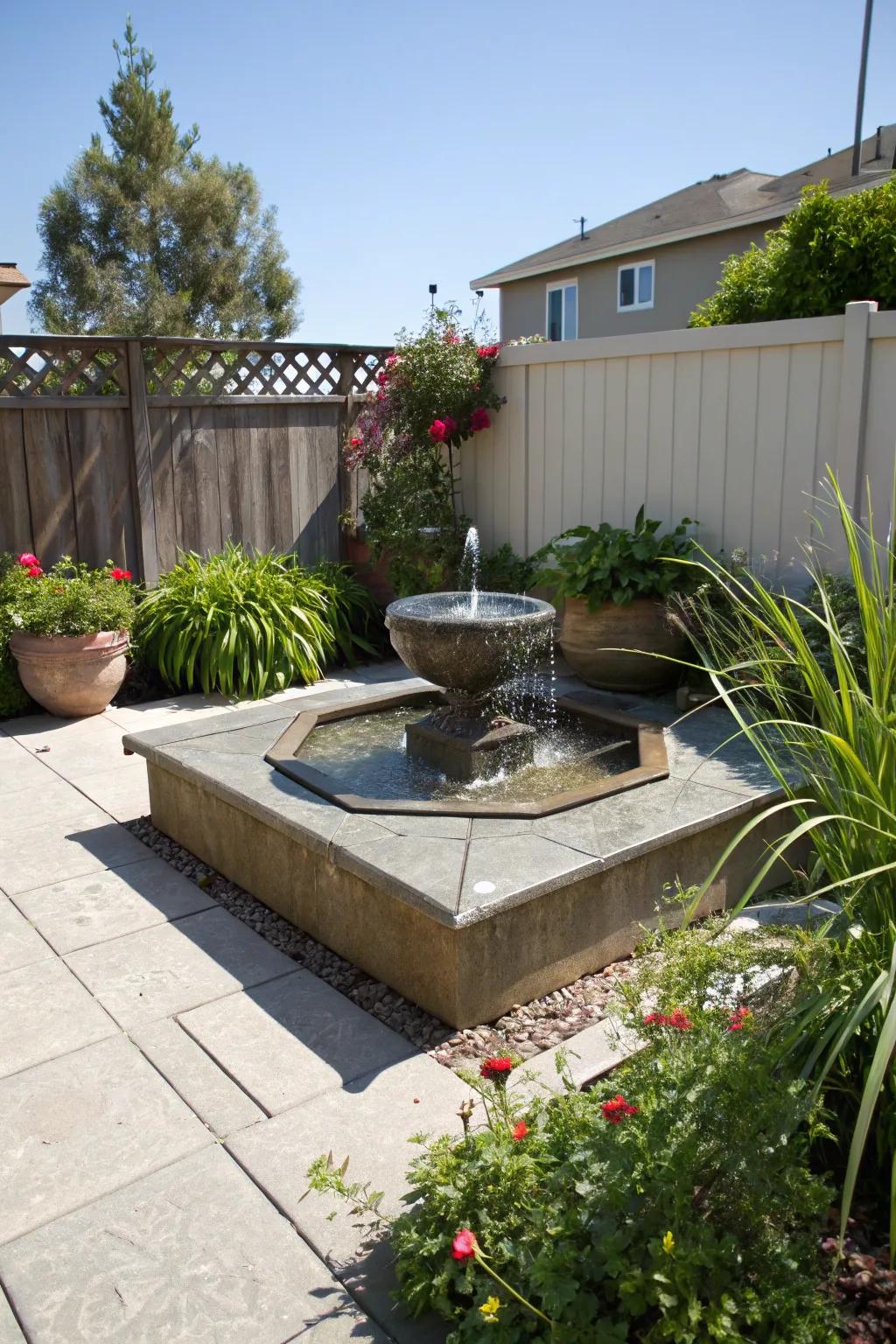 A water feature brings tranquility to this raised concrete patio.