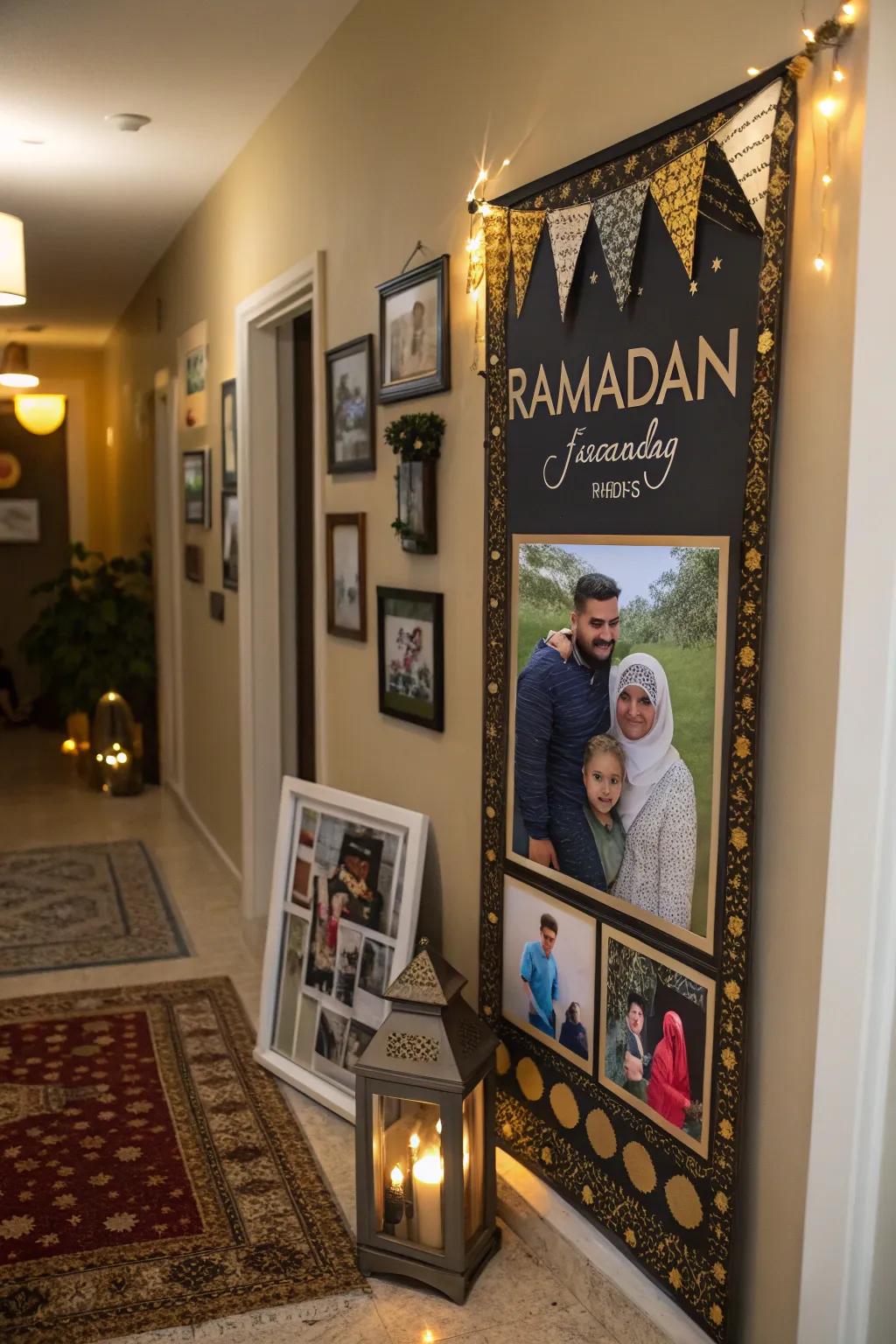 Family photographs create a heartfelt display in the hallway.