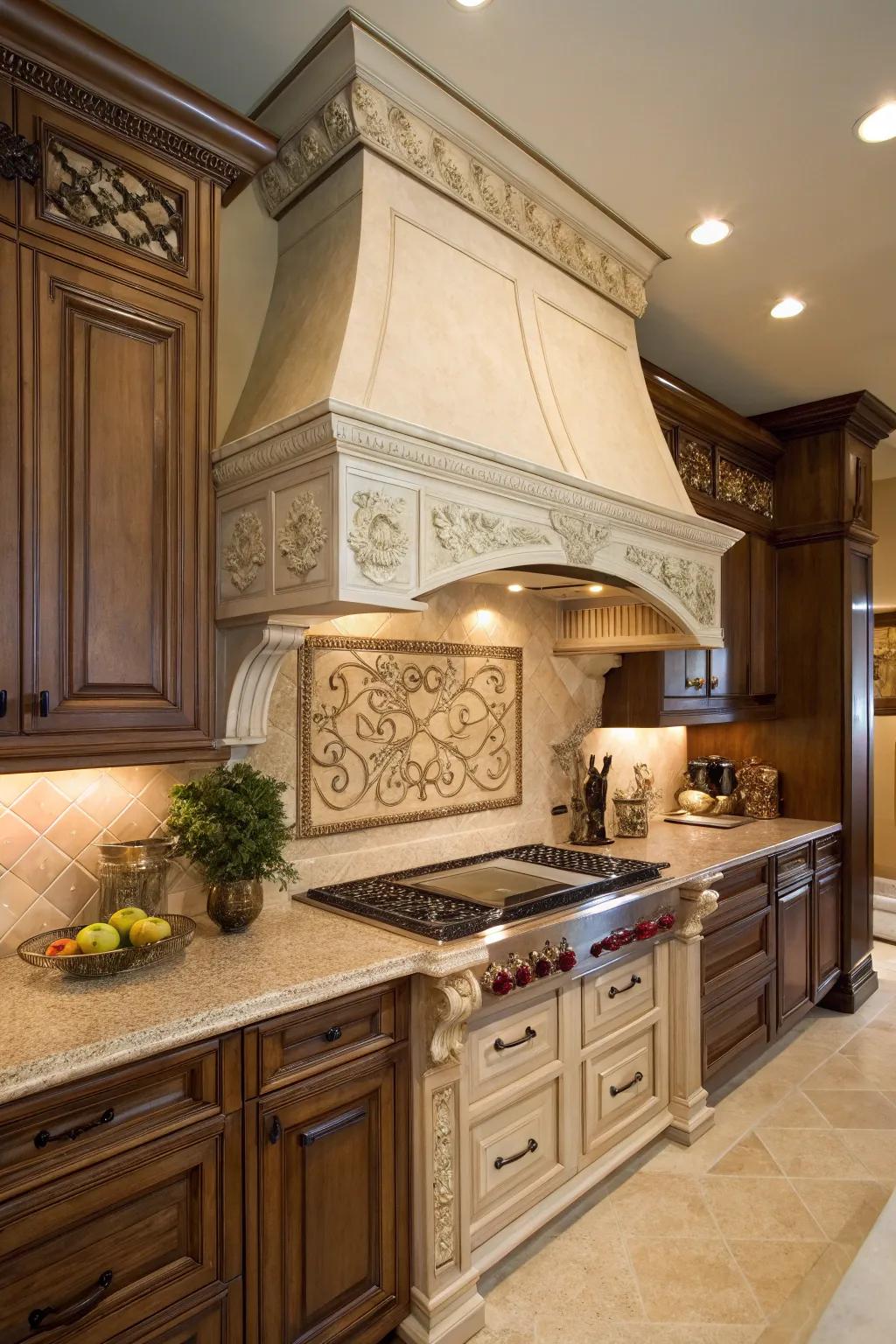 Traditional molding on range hoods enhances architectural elegance.