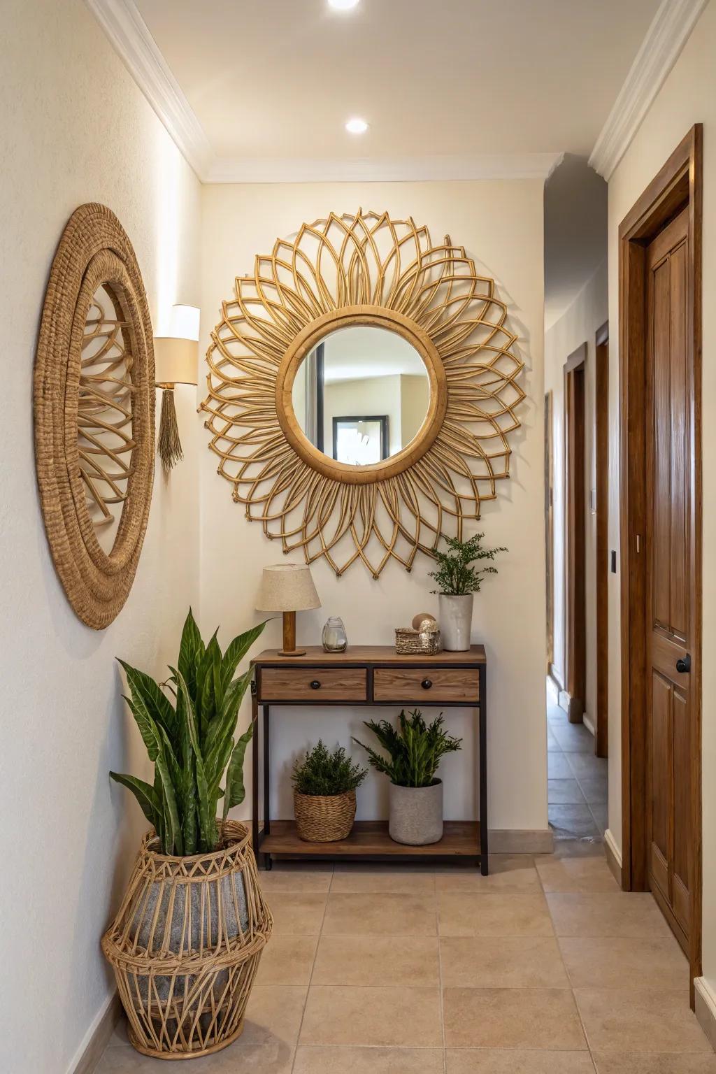 A rattan eye mirror adds protection and style.