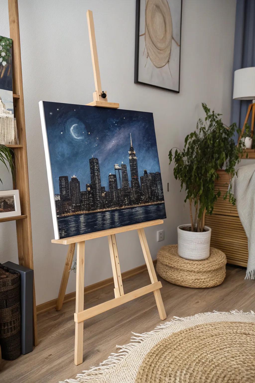 Embrace the serene beauty of urban nights with this minimalist cityscape painting. Perfect for adding a touch of elegance and wonder to your creative space.