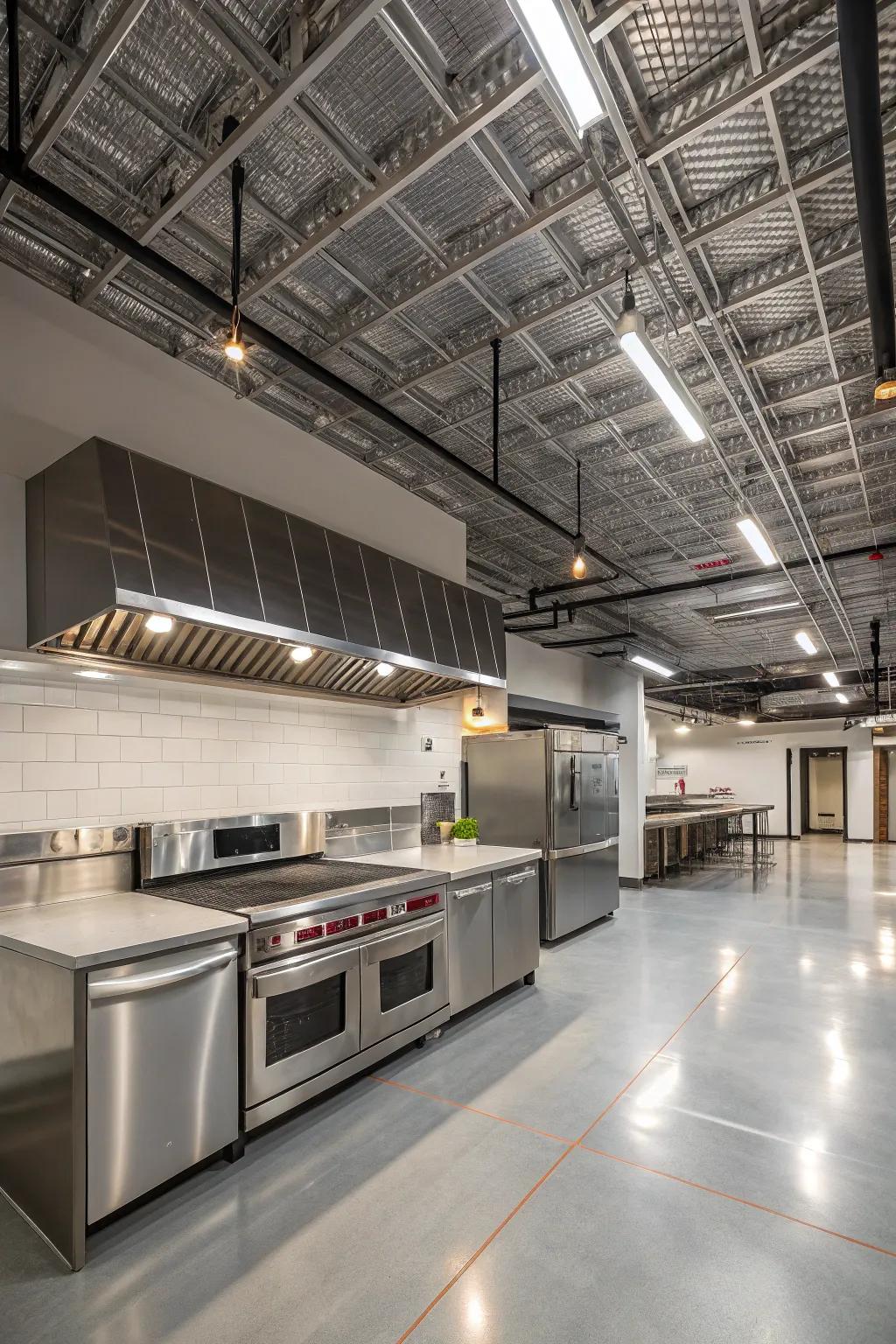 A kitchen with an industrial-style metallic recessed ceiling.