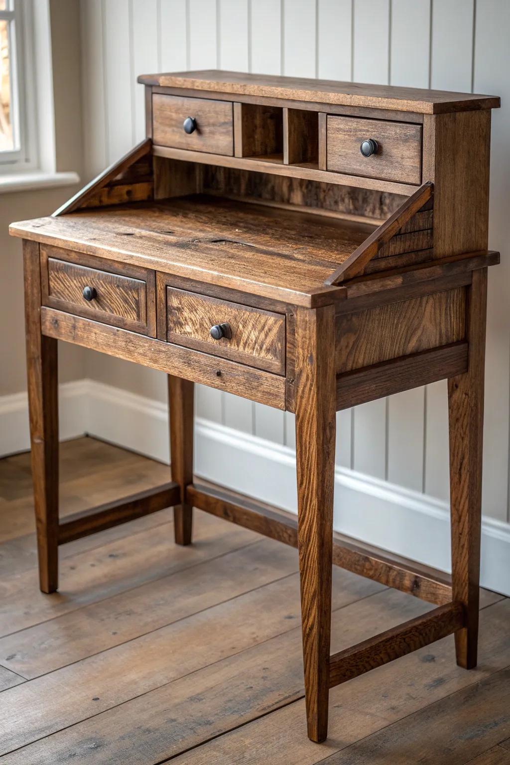 A masterpiece of craftsmanship: the reclaimed wood desk that transforms any workspace.