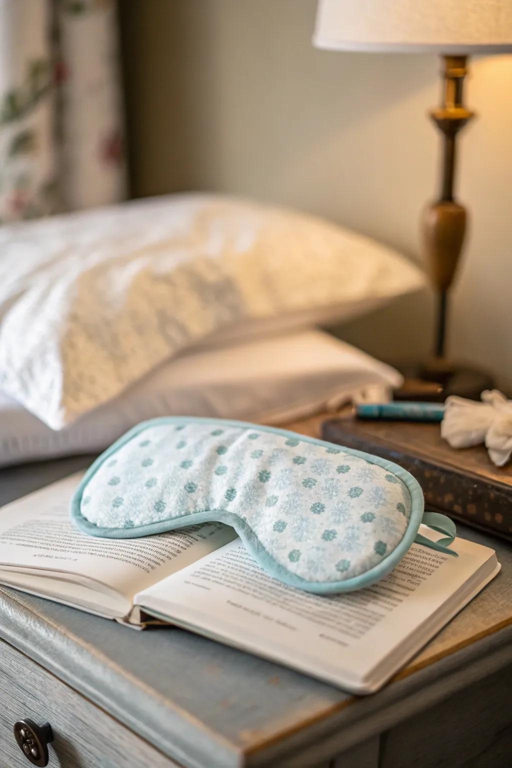 A cozy sleep mask made from recycled pajamas ensures a restful night's sleep.